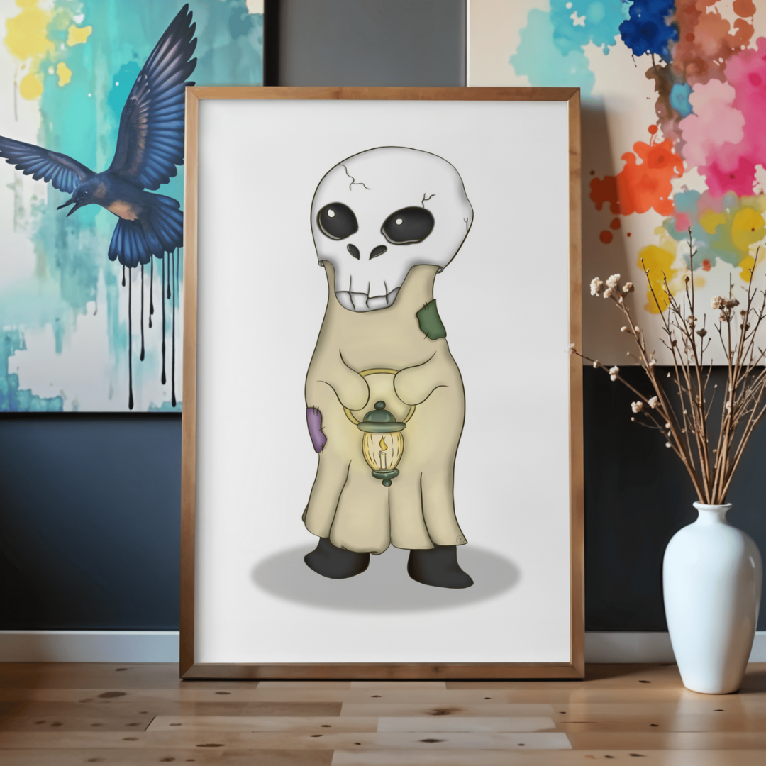 Framed illustration of a skeleton character holding a lantern on a wall with colorful abstract art.