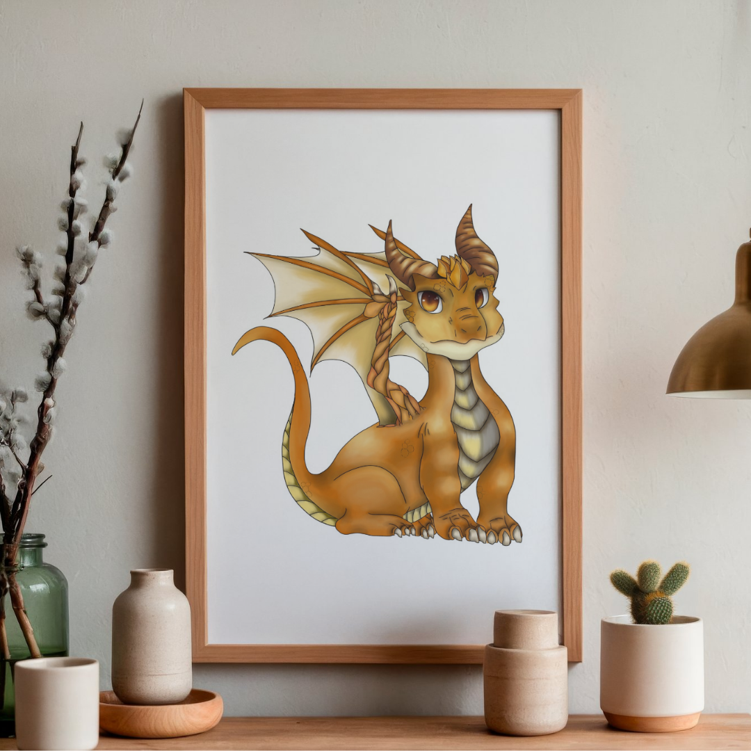 Framed illustration of a dragon on a wall above a wooden shelf with decorative items.