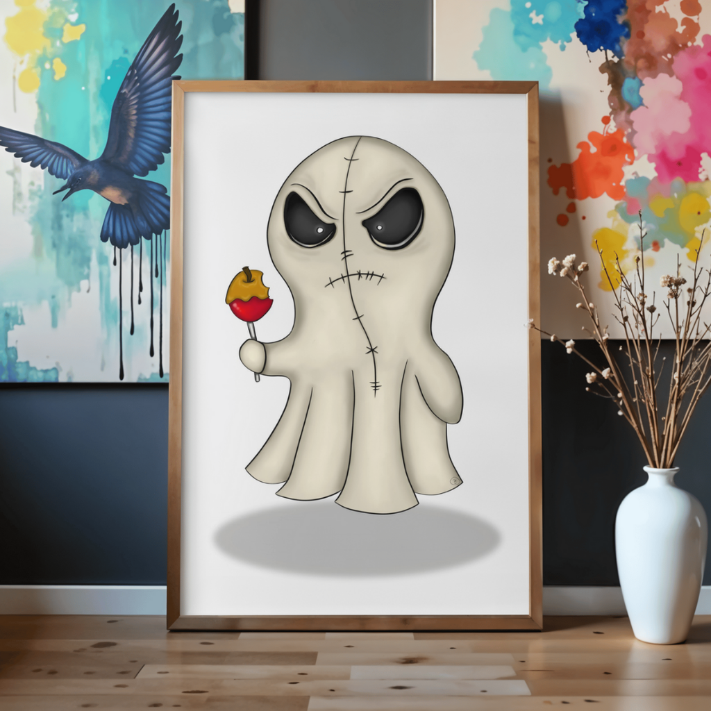 Framed illustration of a ghost holding an candy apple in a room with colorful wall art and a vase.