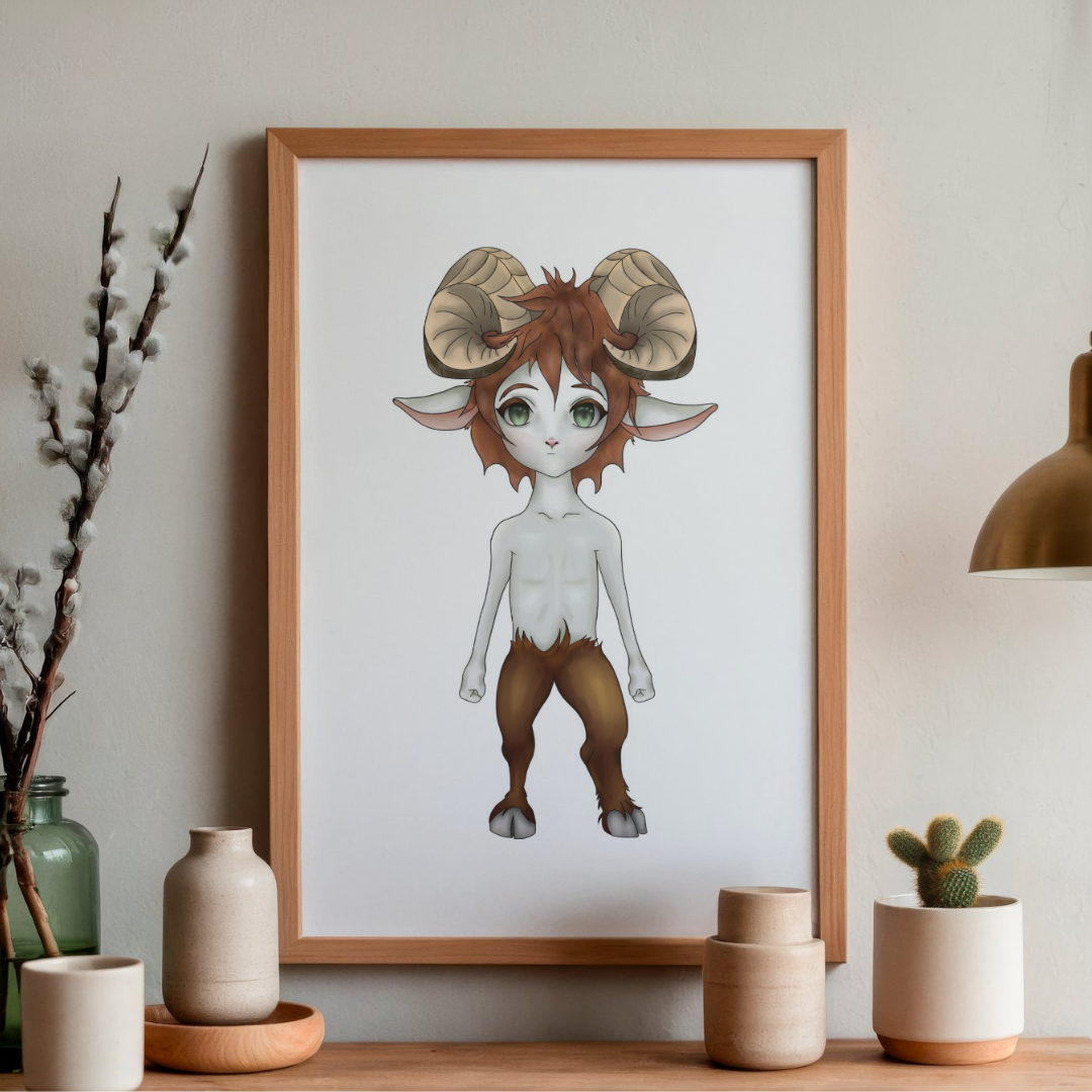 Framed illustration of a faun creature with large ears on a shelf with decorative items.