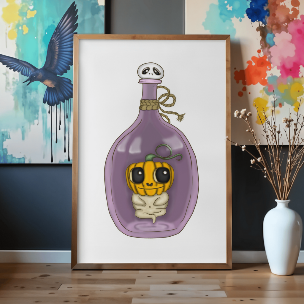 Framed artwork of a purple bottle with a pumpkin character on a wall with colorful abstract paintings.