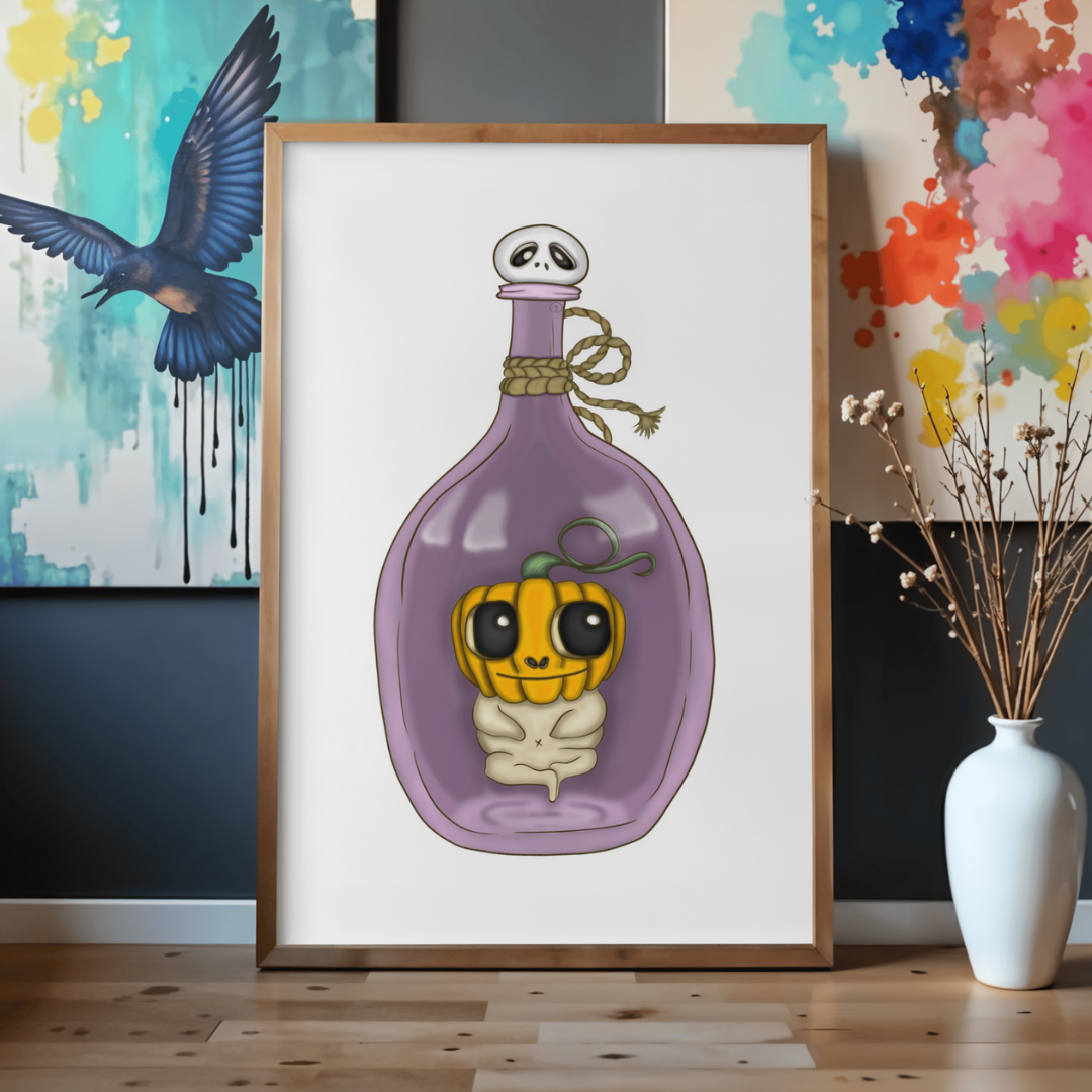 Framed artwork of a purple bottle with a pumpkin character on a wall with colorful abstract paintings.