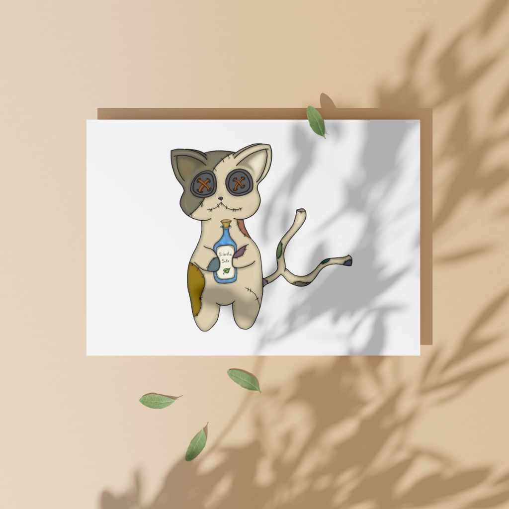 Illustration of a cat with button eye balls and a bottle silver vine sake in hand on a white background