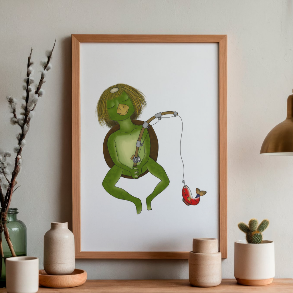 Framed illustration of a kappa character with a fishing rod on a wall above a wooden shelf with decorative items.