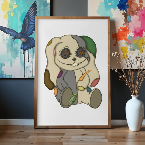 Framed illustration of a bunny rag doll bunny with colorful lights on a wall with abstract art and decor.