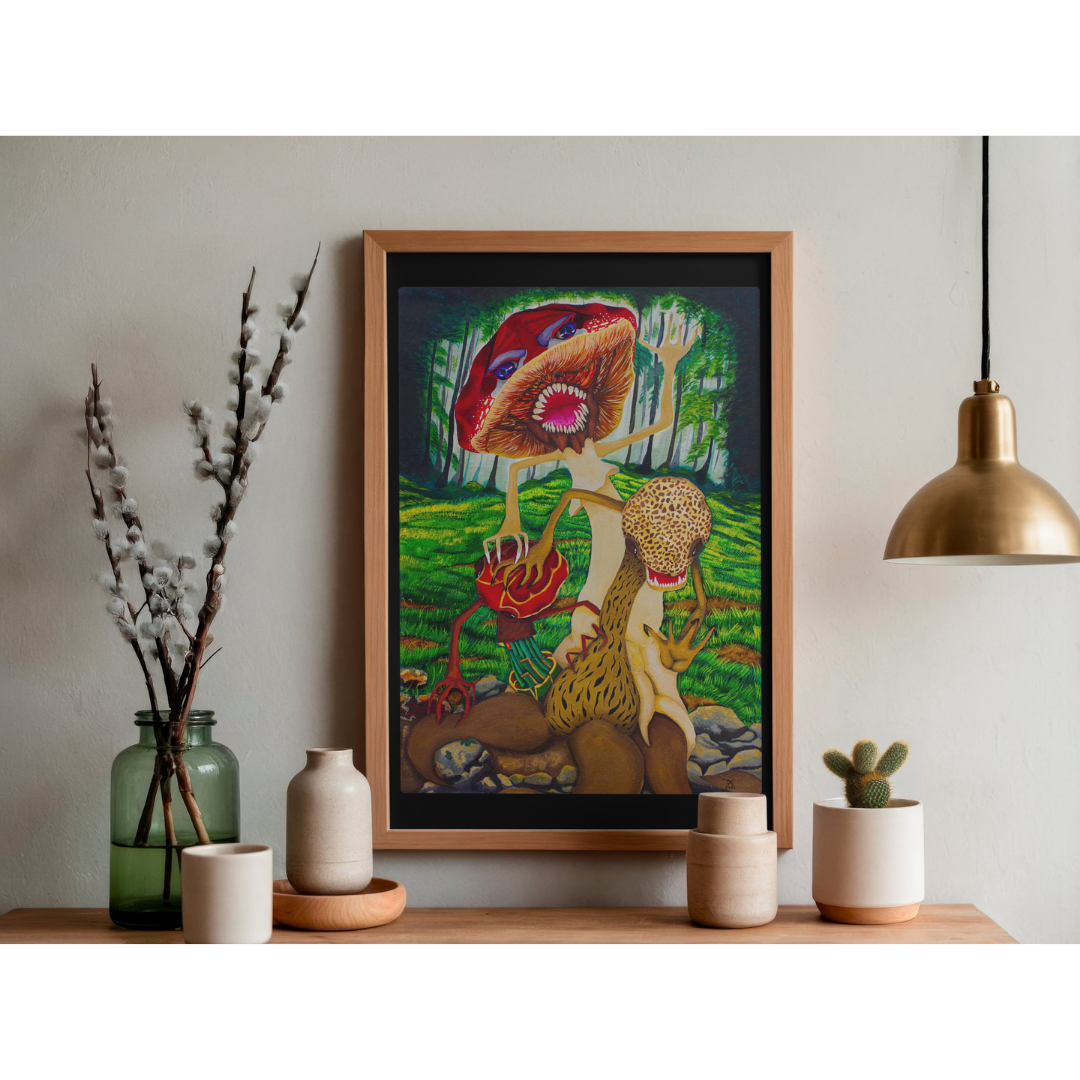 Framed artwork of a colorful mushroom monster on a shelf with decorative items.