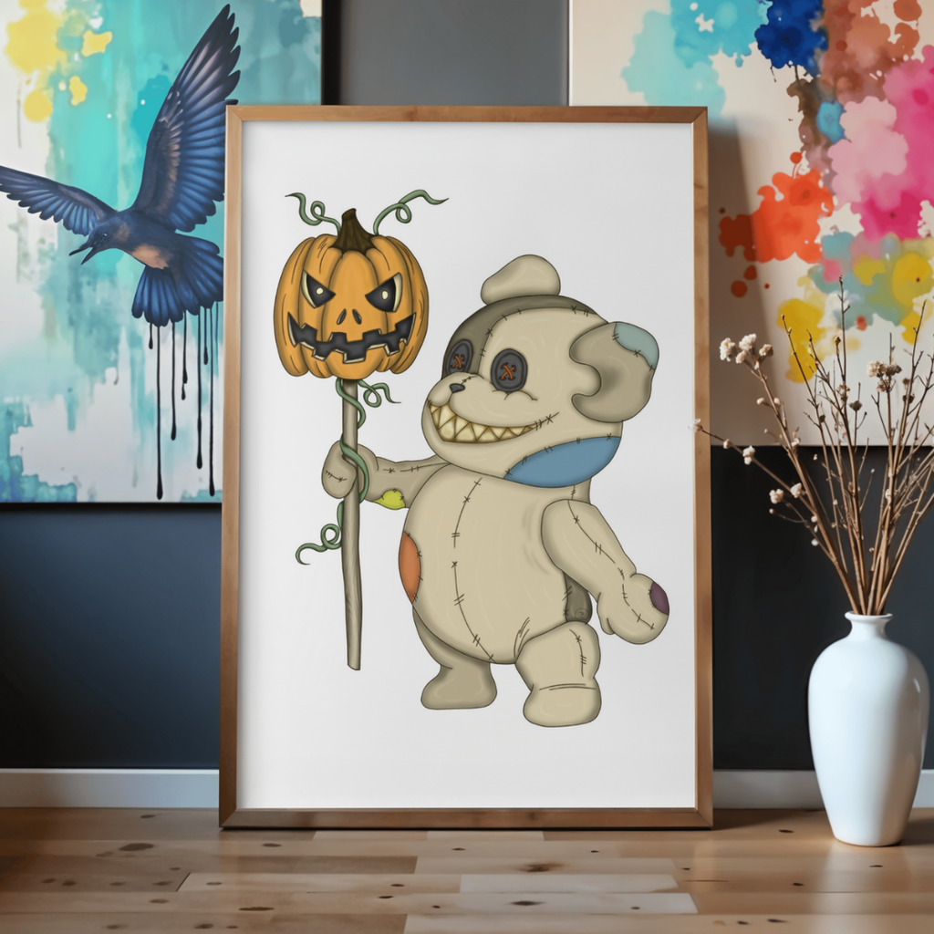 Framed artwork of a cartoon character holding a jack-o'-lantern in a room with colorful wall art and a vase.