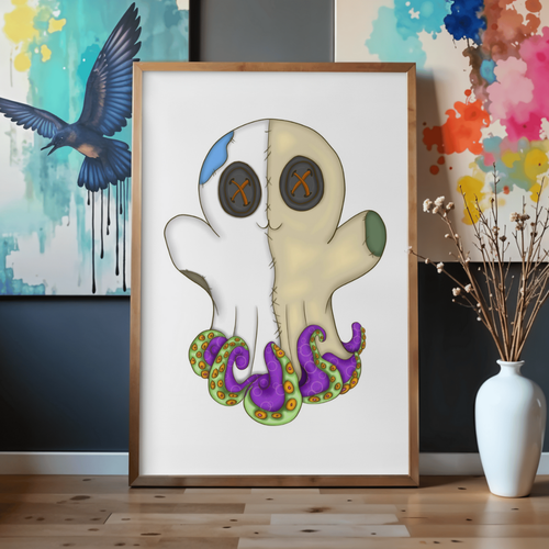 Framed artwork of a ghost with octopus tentacles in a room with colorful wall art and decor.