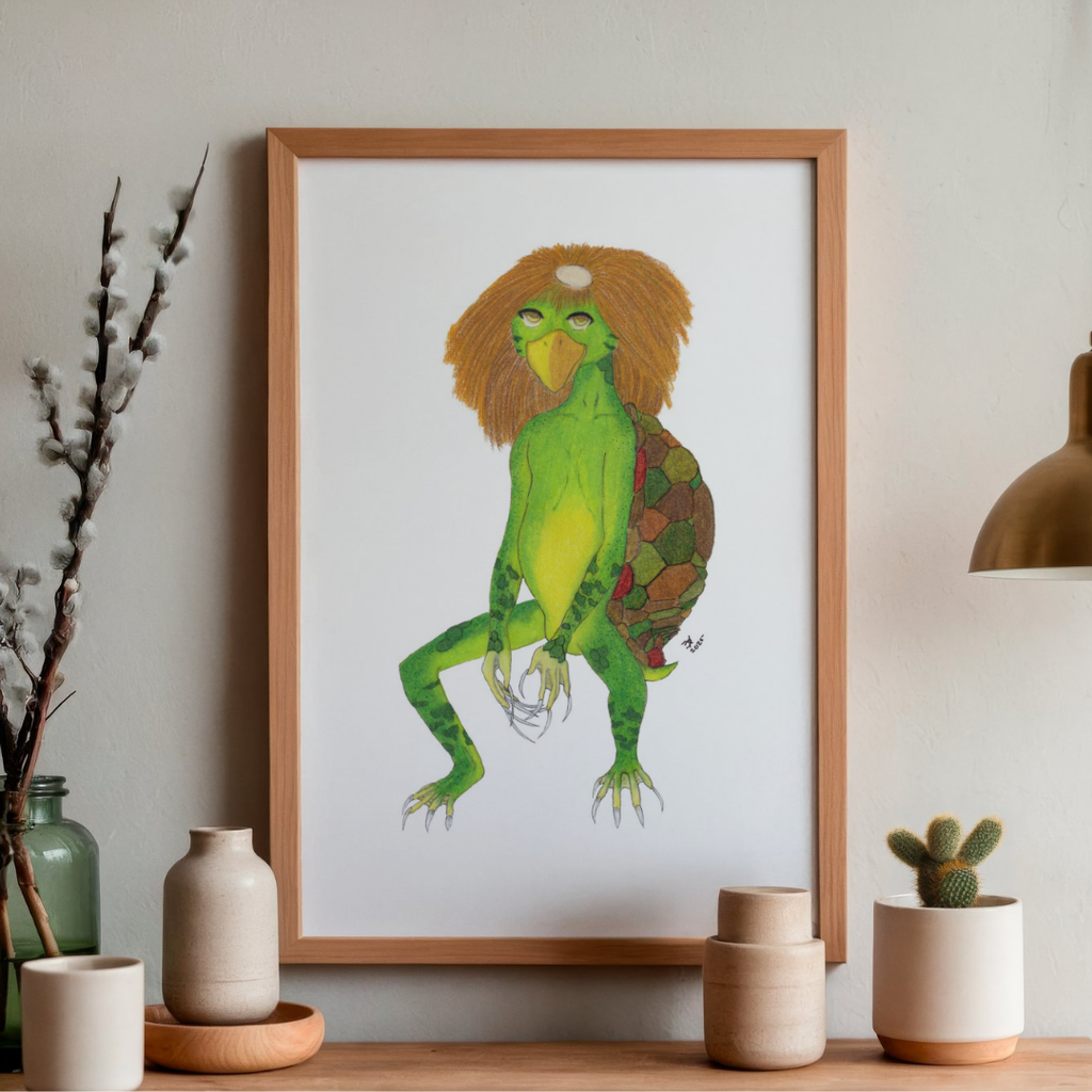 Framed artwork of a kappa creature on a wall above a wooden shelf.