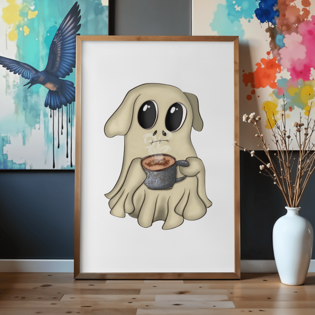 Framed artwork of a ghost dog holding a coffee cup in a room with colorful wall art and decor.