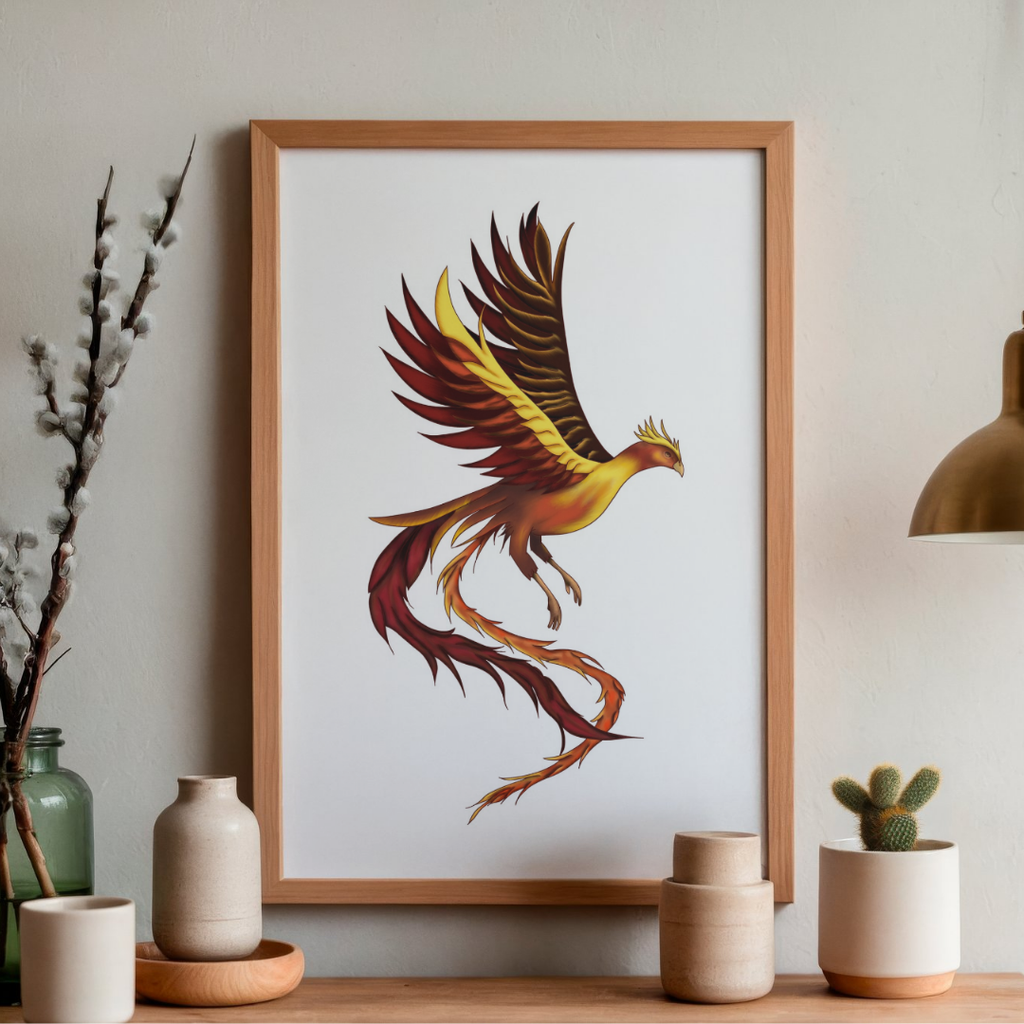 Framed artwork of a phoenix on a wall above a wooden shelf with decorative items.