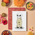 Card with a cartoon skeleton holding a lantern on a decorative background with flowers and candies.
