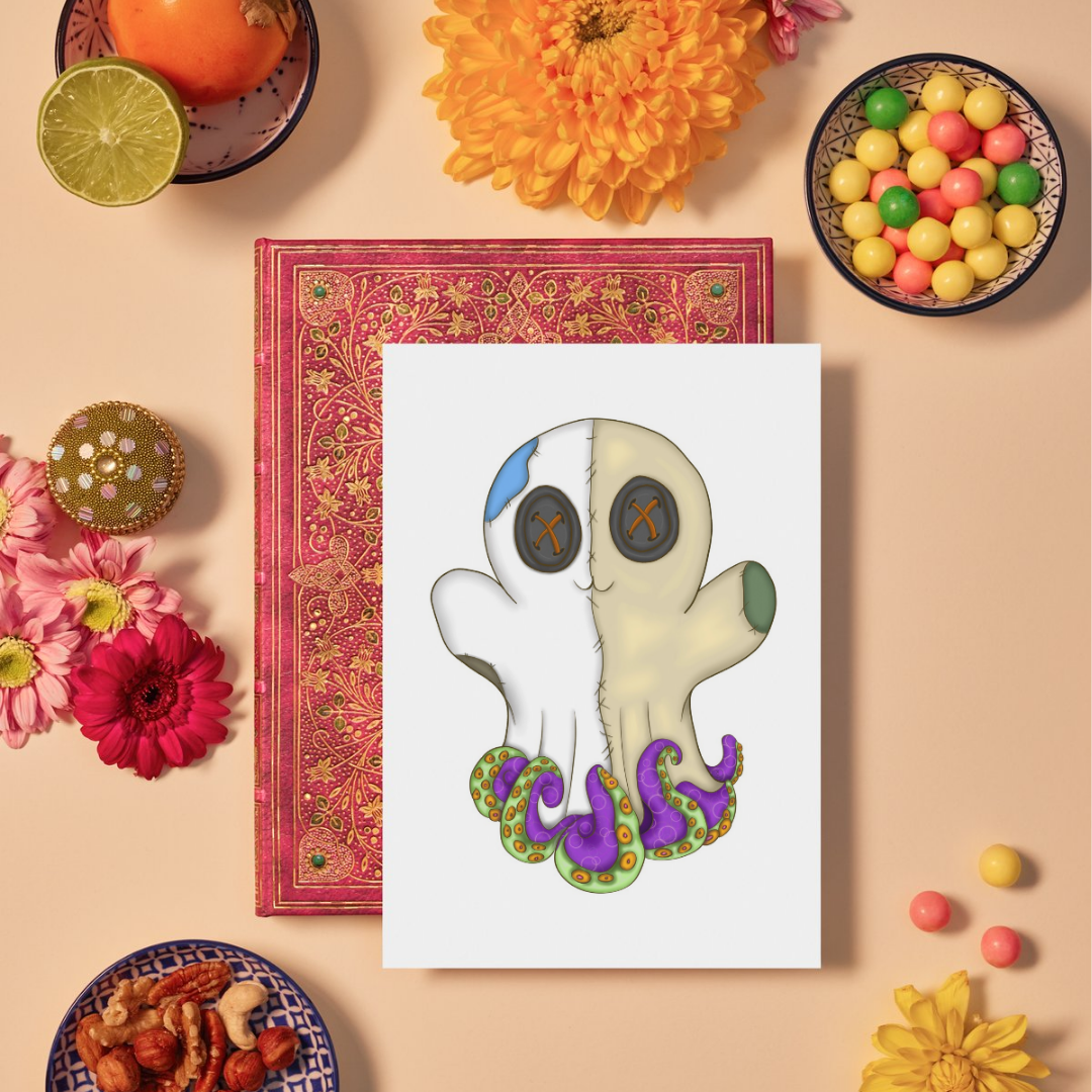 Colorful card with a ghost design surrounded by flowers and snacks on a beige background