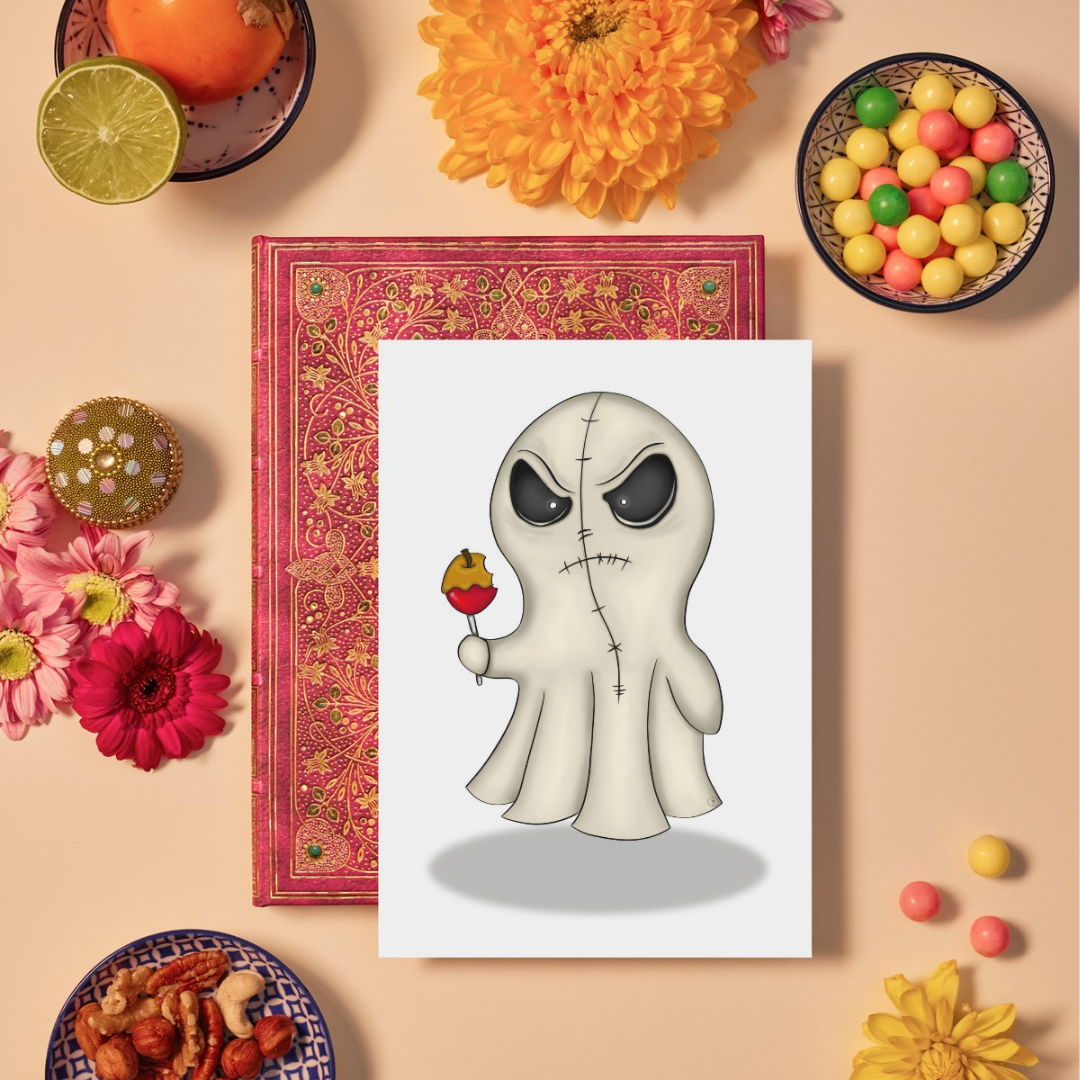 Cartoon ghost holding a candy apple on a colorful background with flowers and snacks.