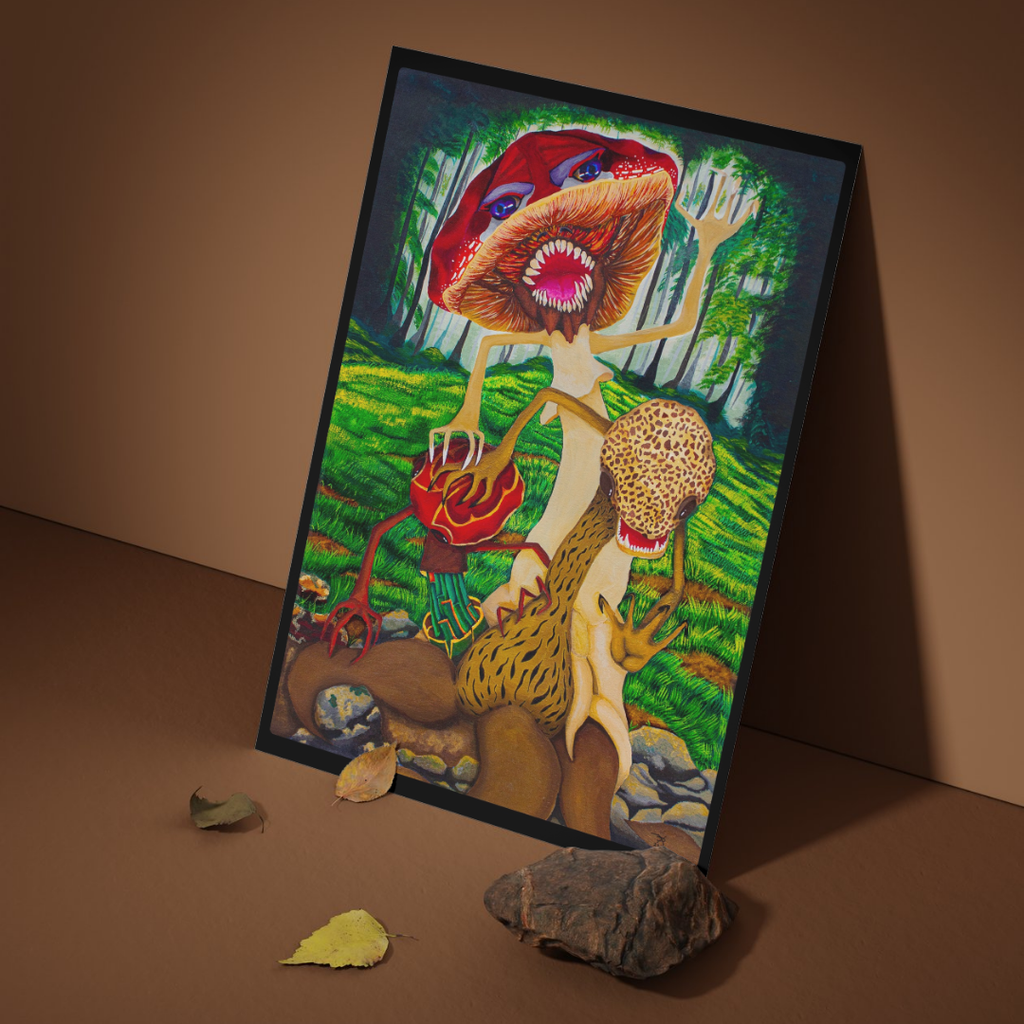 Colorful artwork of a mushroom monster-like creature in a forest setting on a brown surface.
