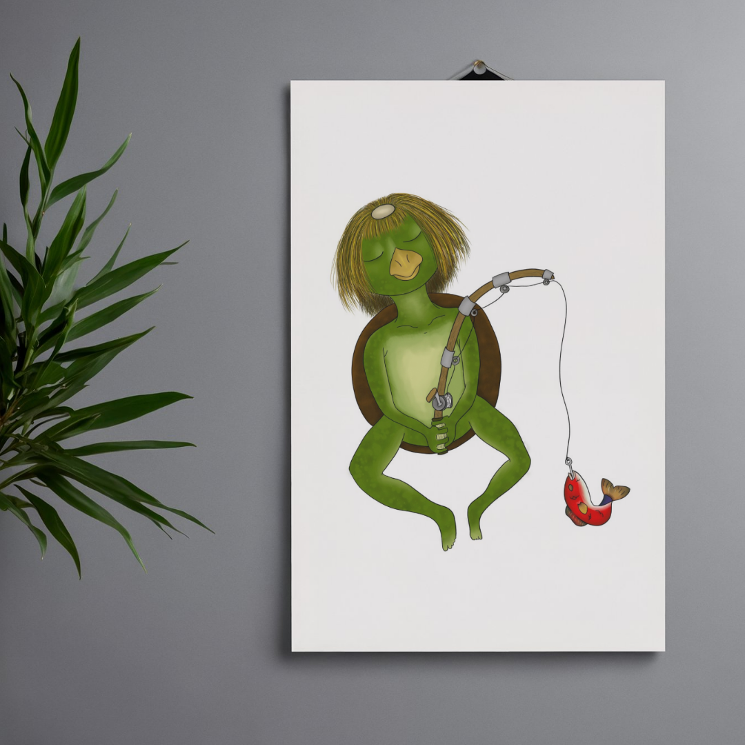 Illustration of a kappa character with a fishing rod on a white background