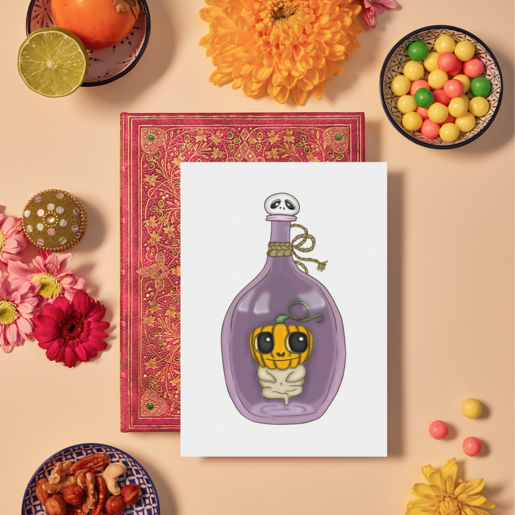 Card with a purple bottle and pumpkin design on a decorative background with flowers and snacks.