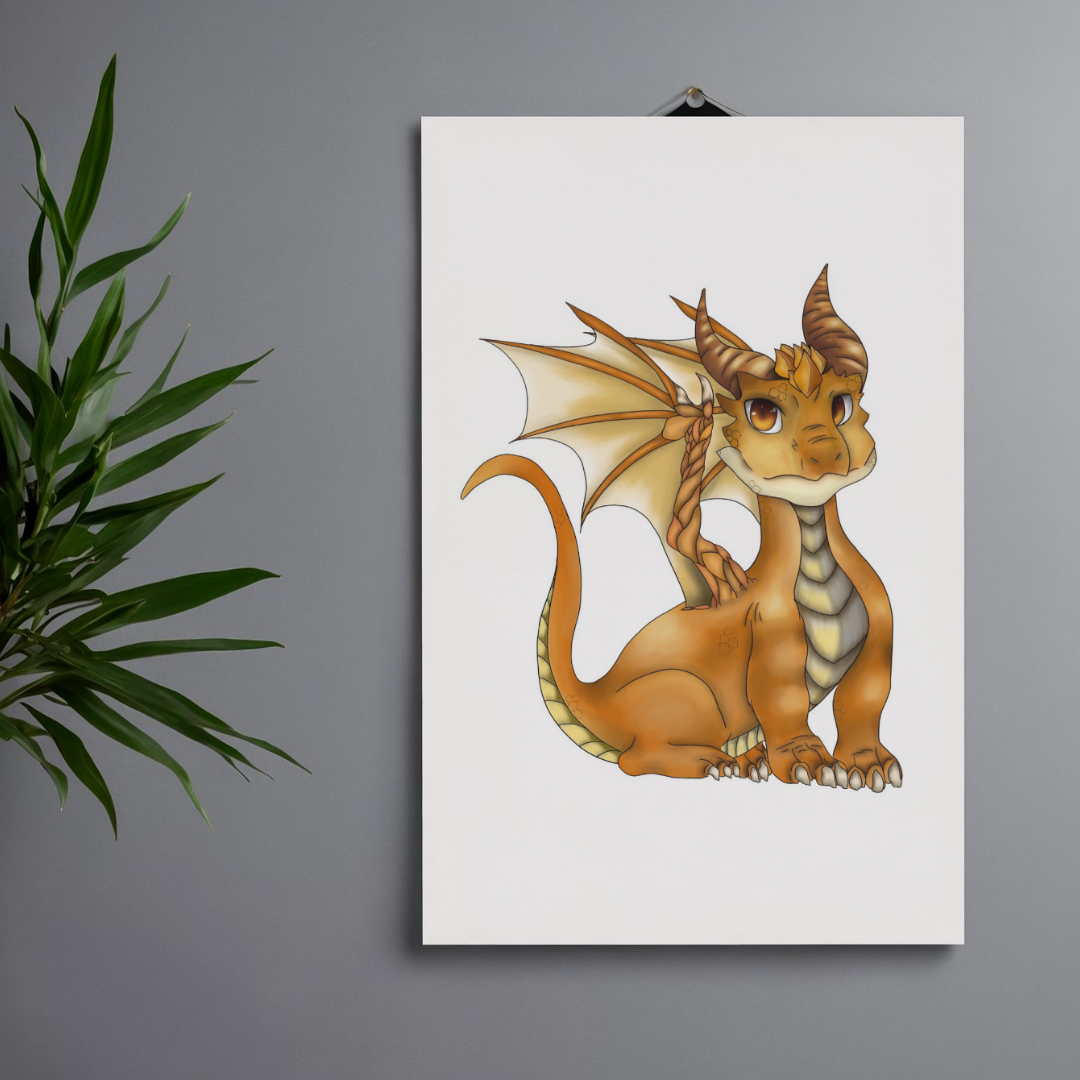 Cartoon dragon illustration on a white background with a plant to the left.