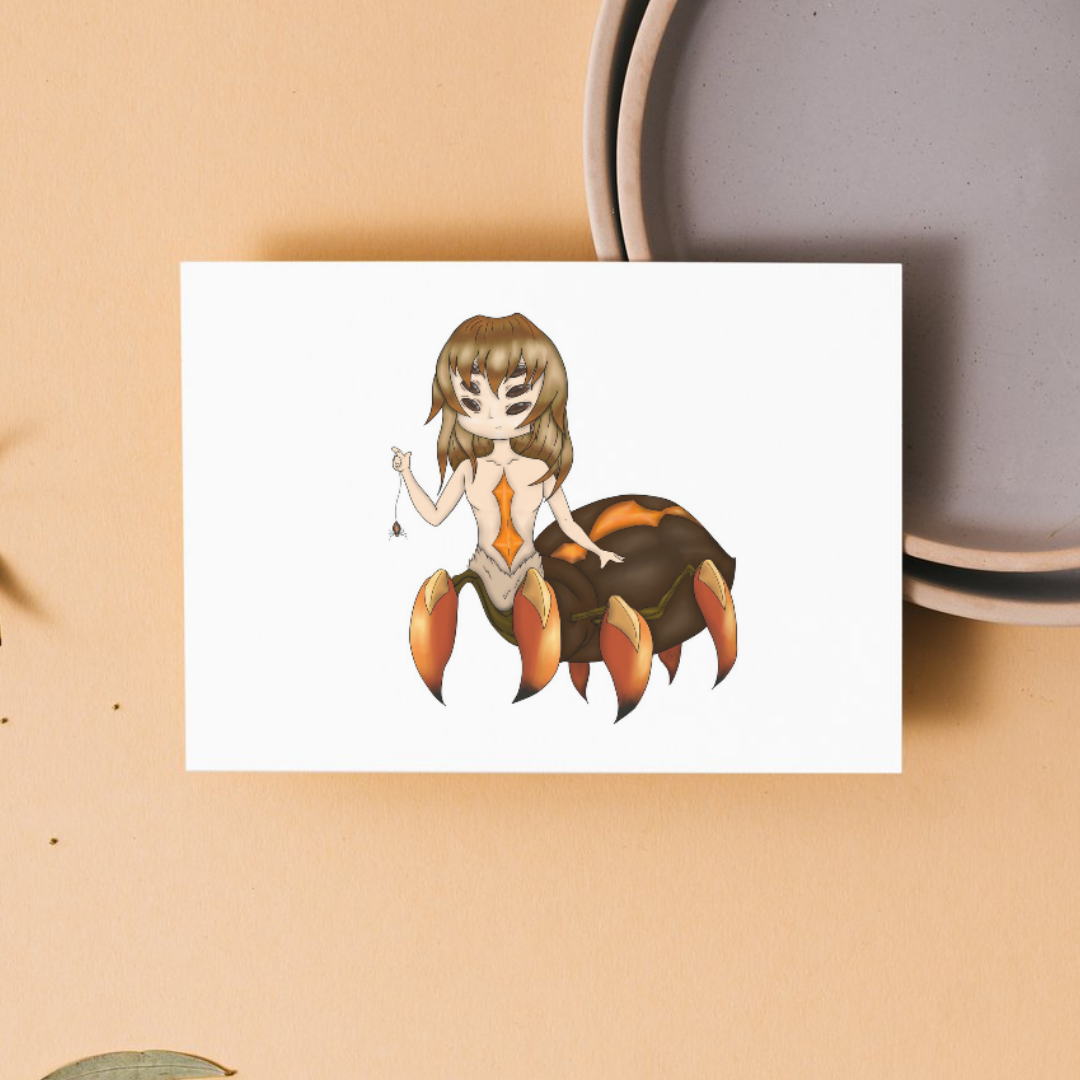 Illustration of a spider woman character with crab-like legs on a white card, placed on a beige surface.