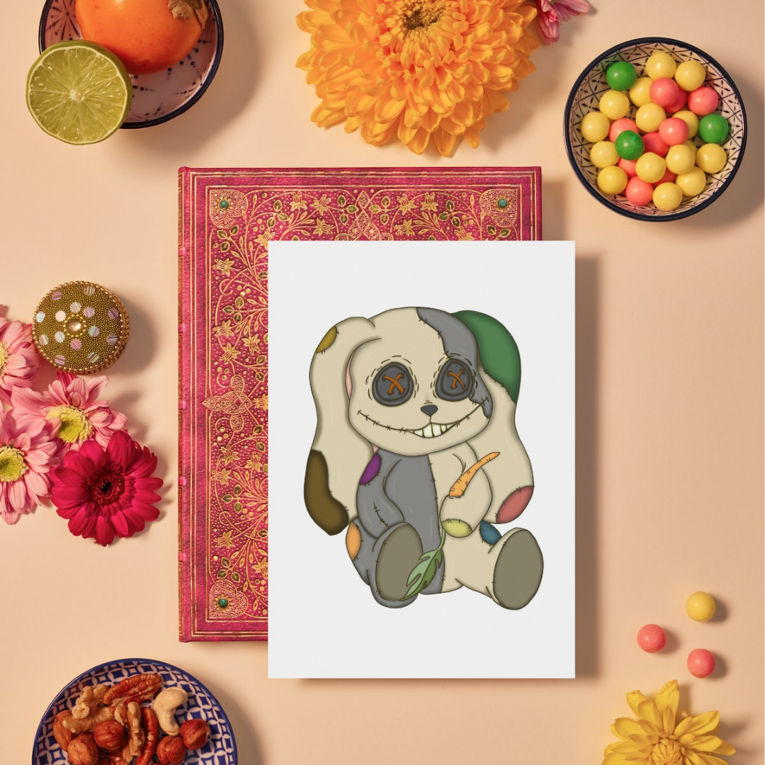 Card with a cute illustration of a bunny on a decorative background with flowers and candies.