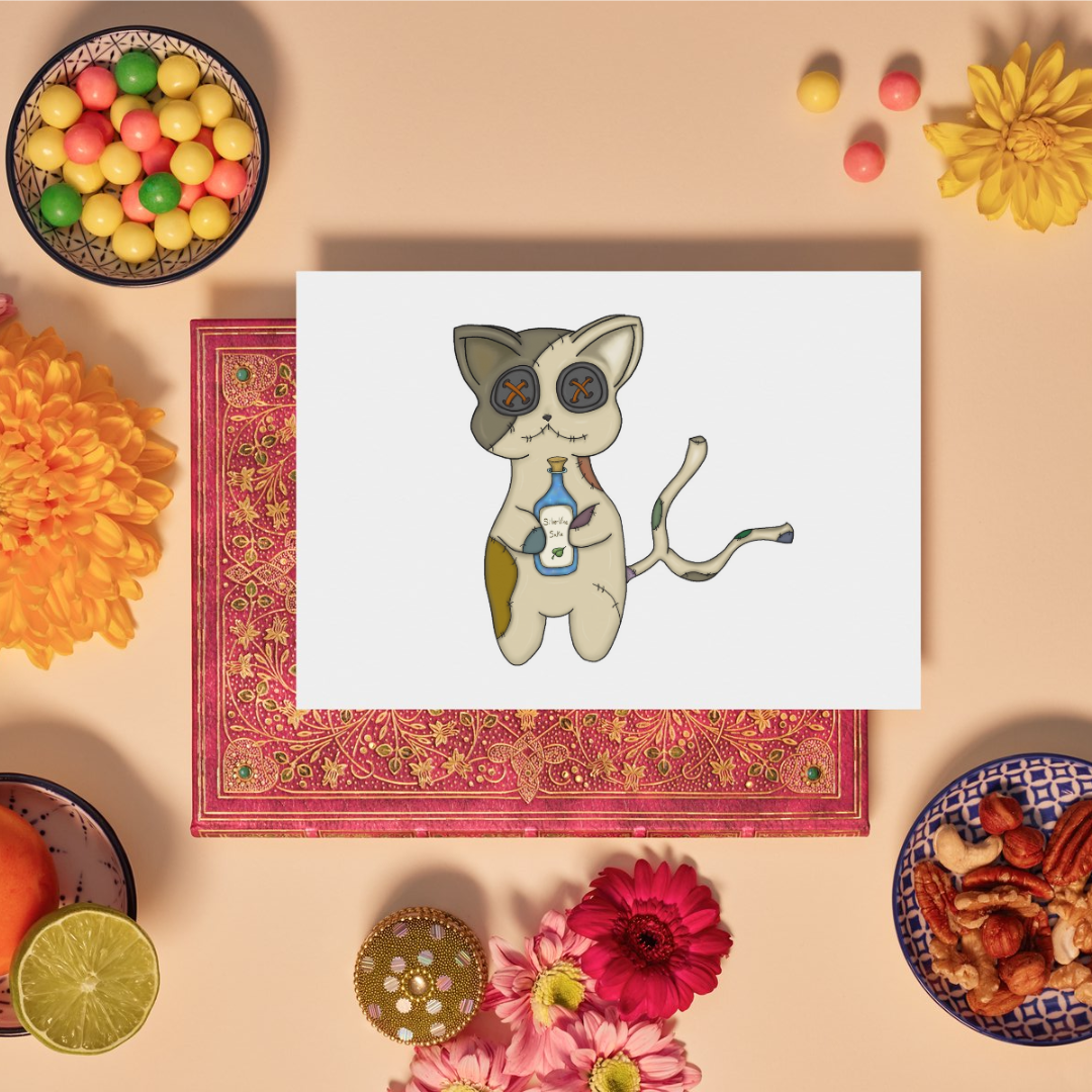 Card with a cat illustration on a decorative background with flowers and snacks