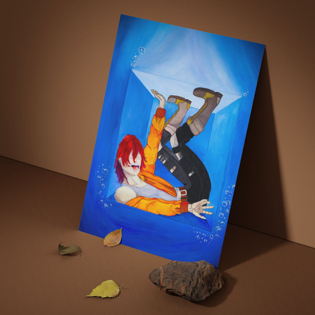 Artistic depiction of a person in a blue box on a brown surface with leaves and a rock.