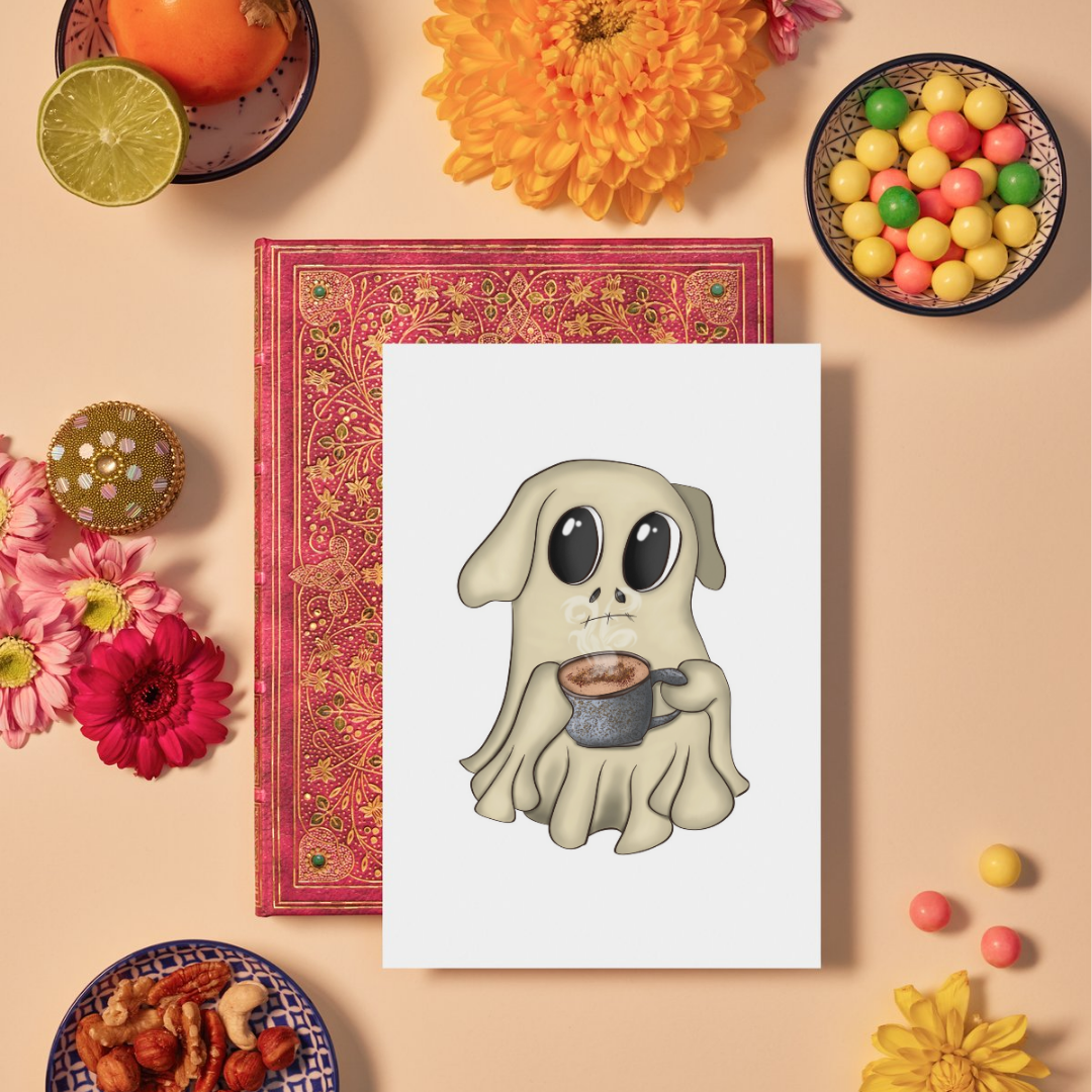 Card with a ghost holding a coffee cup surrounded by decorative items on a beige background