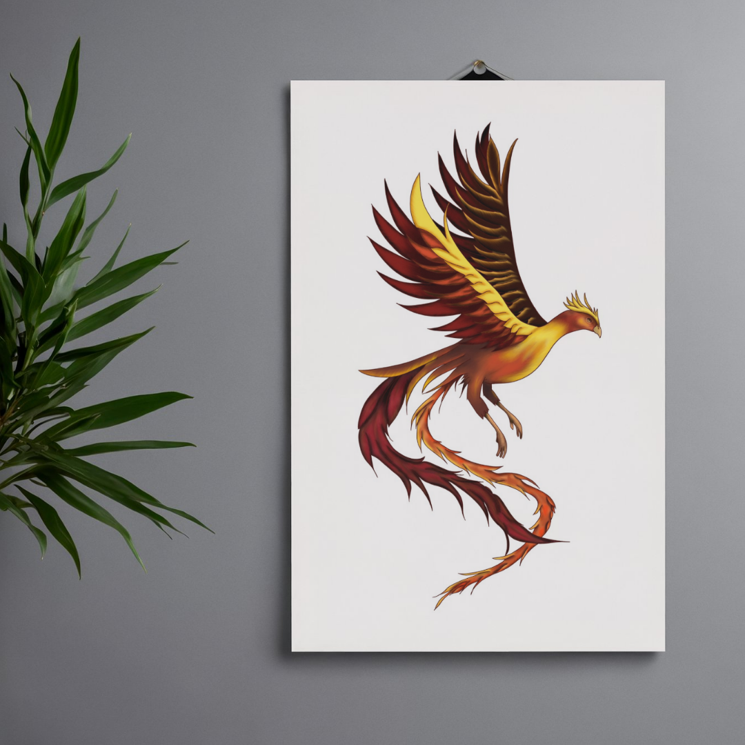  phoenix artwork on a white background with a plant to the left