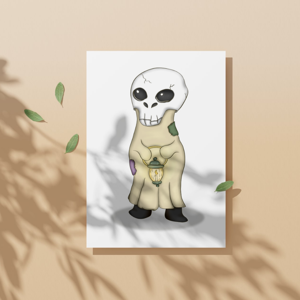 Cartoon skeleton character in overalls holding a lantern on a white background
