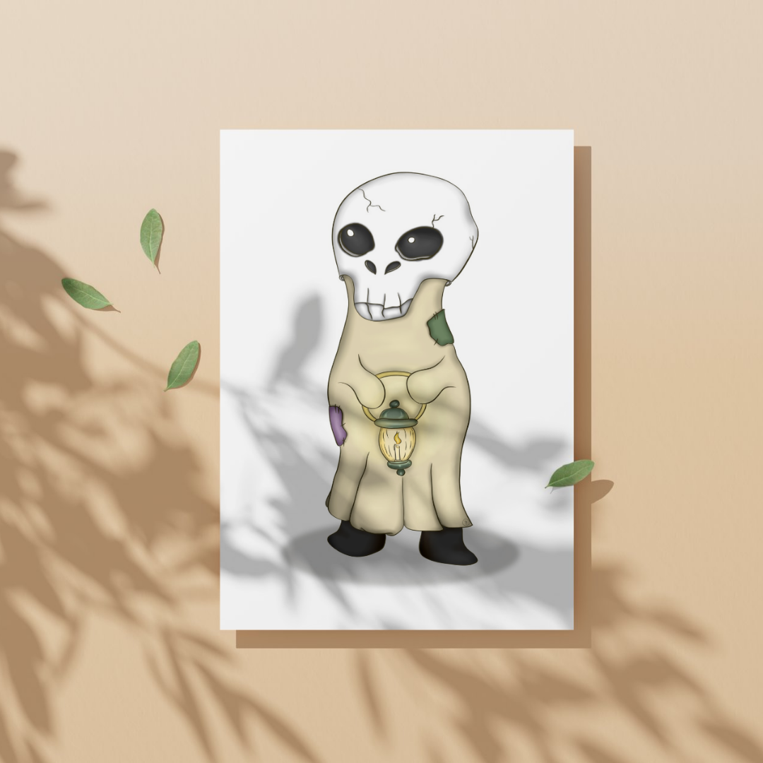 Cartoon skeleton character in overalls holding a lantern on a white background
