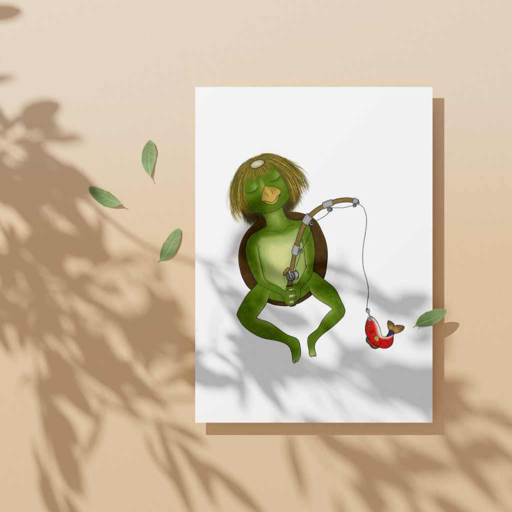 Greeting card with a kappa character fishing on a white background