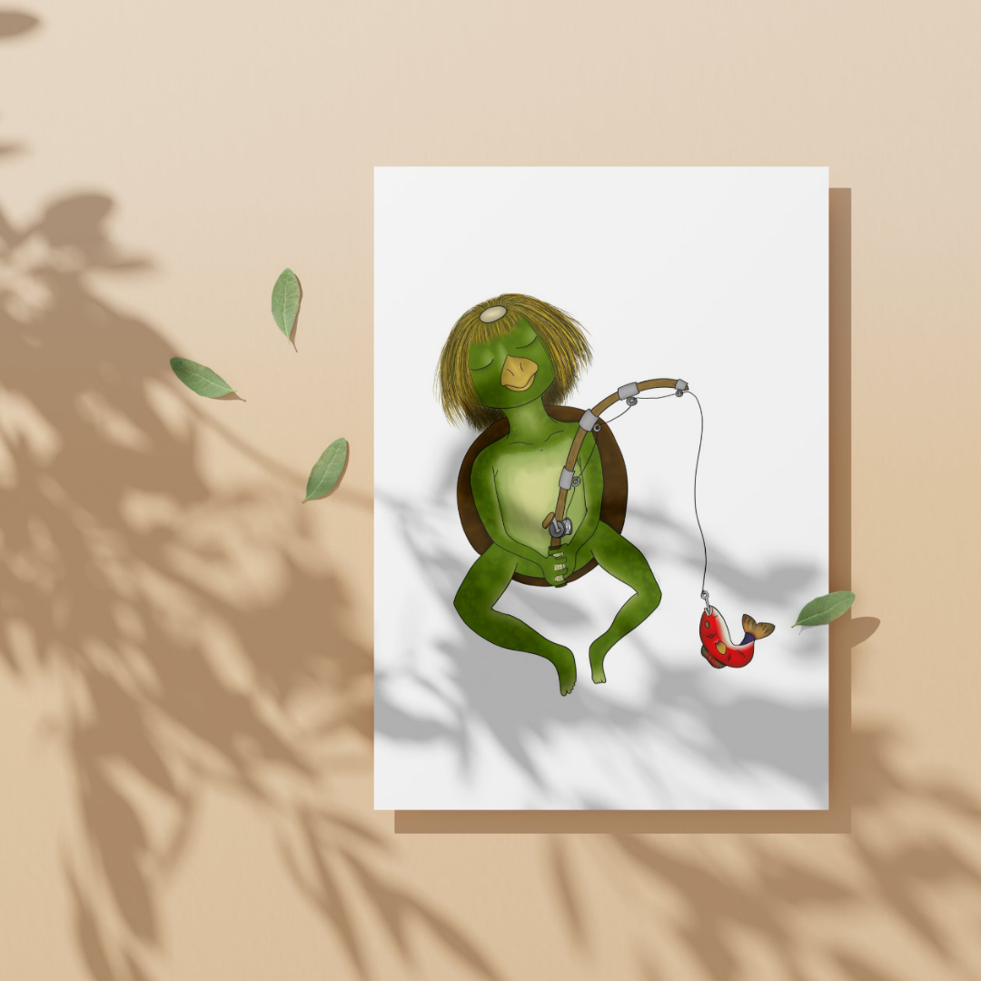 Greeting card with a kappa character fishing on a white background
