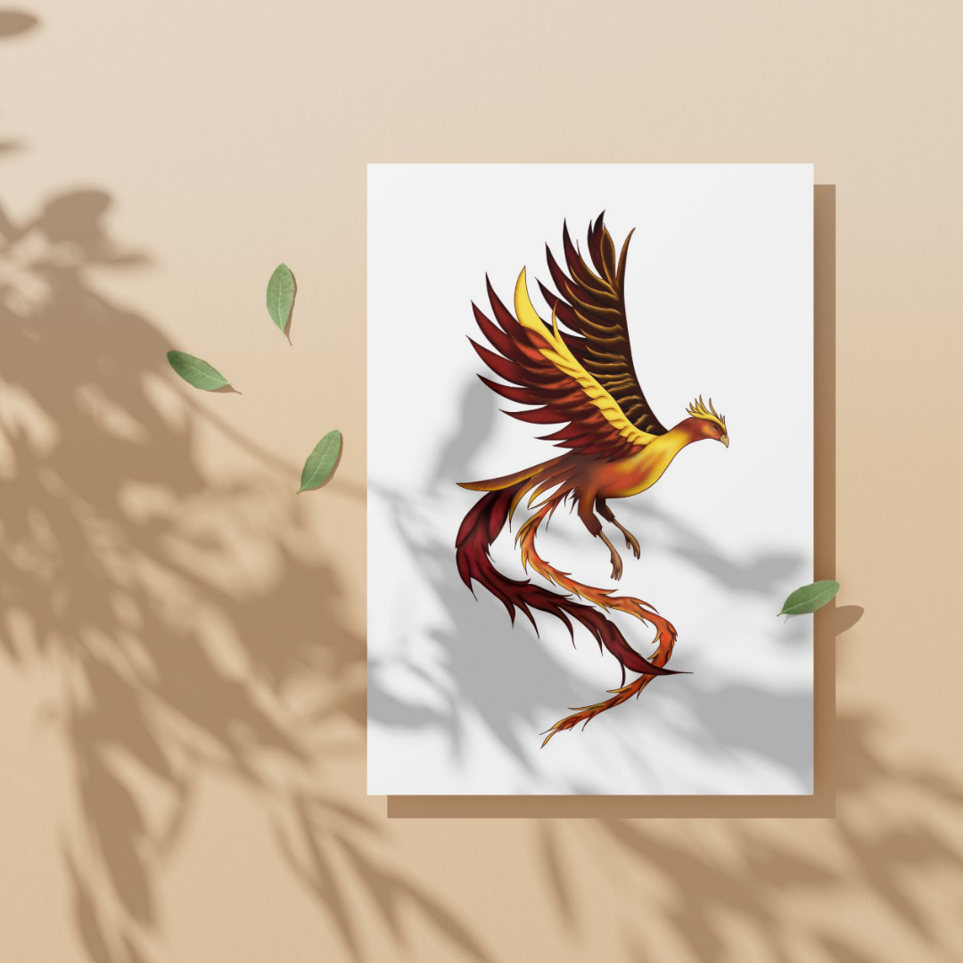 Greeting card with a colorful phoenix design on a beige background