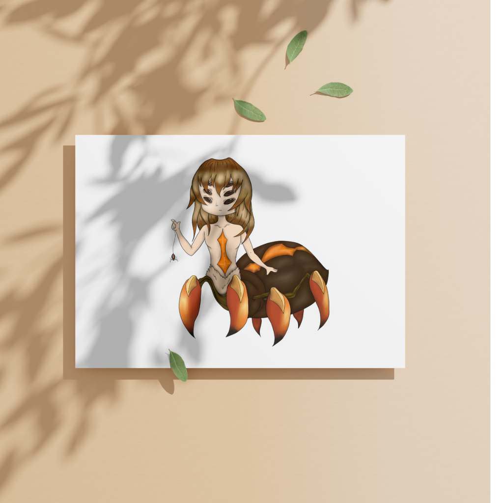 Illustration of a spider woman on a white background with leaves scattered around.