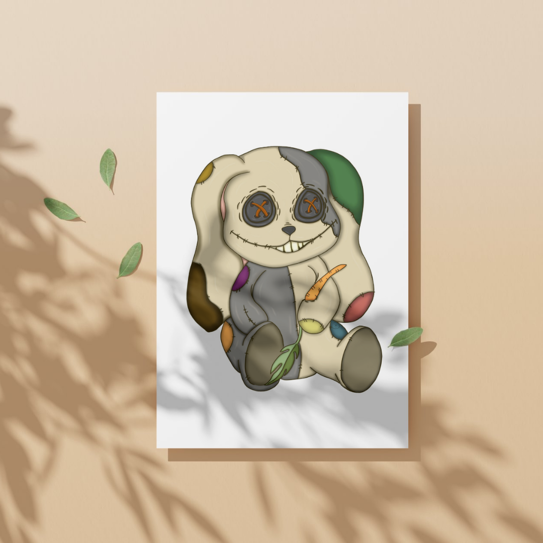 Cartoonish bunny illustration with button eyes on a white background