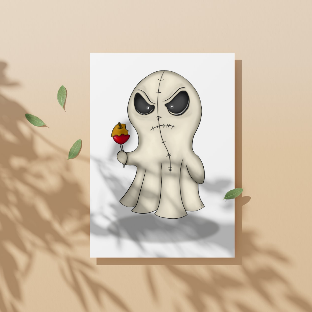 Cartoon ghost holding a lollipop on a white background