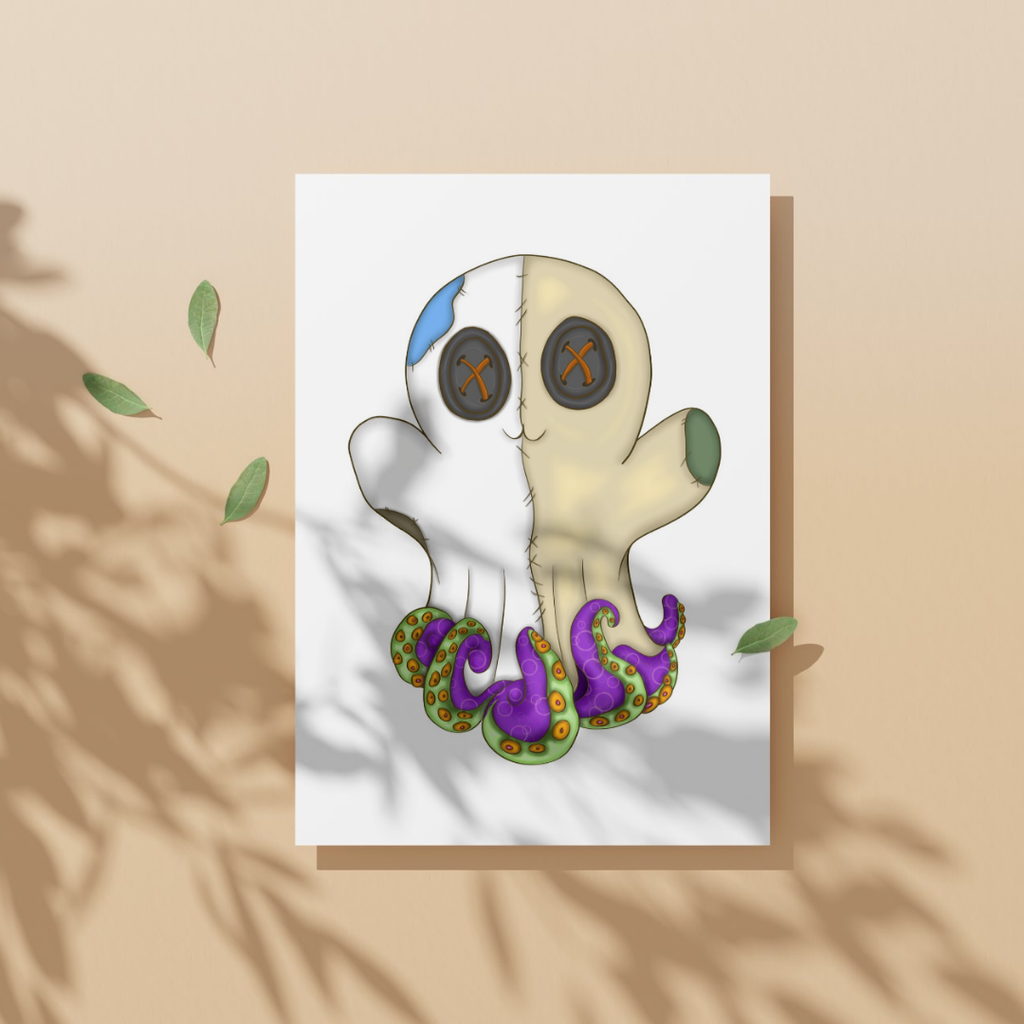 Cartoonish ghost with purple tentacles on a white background