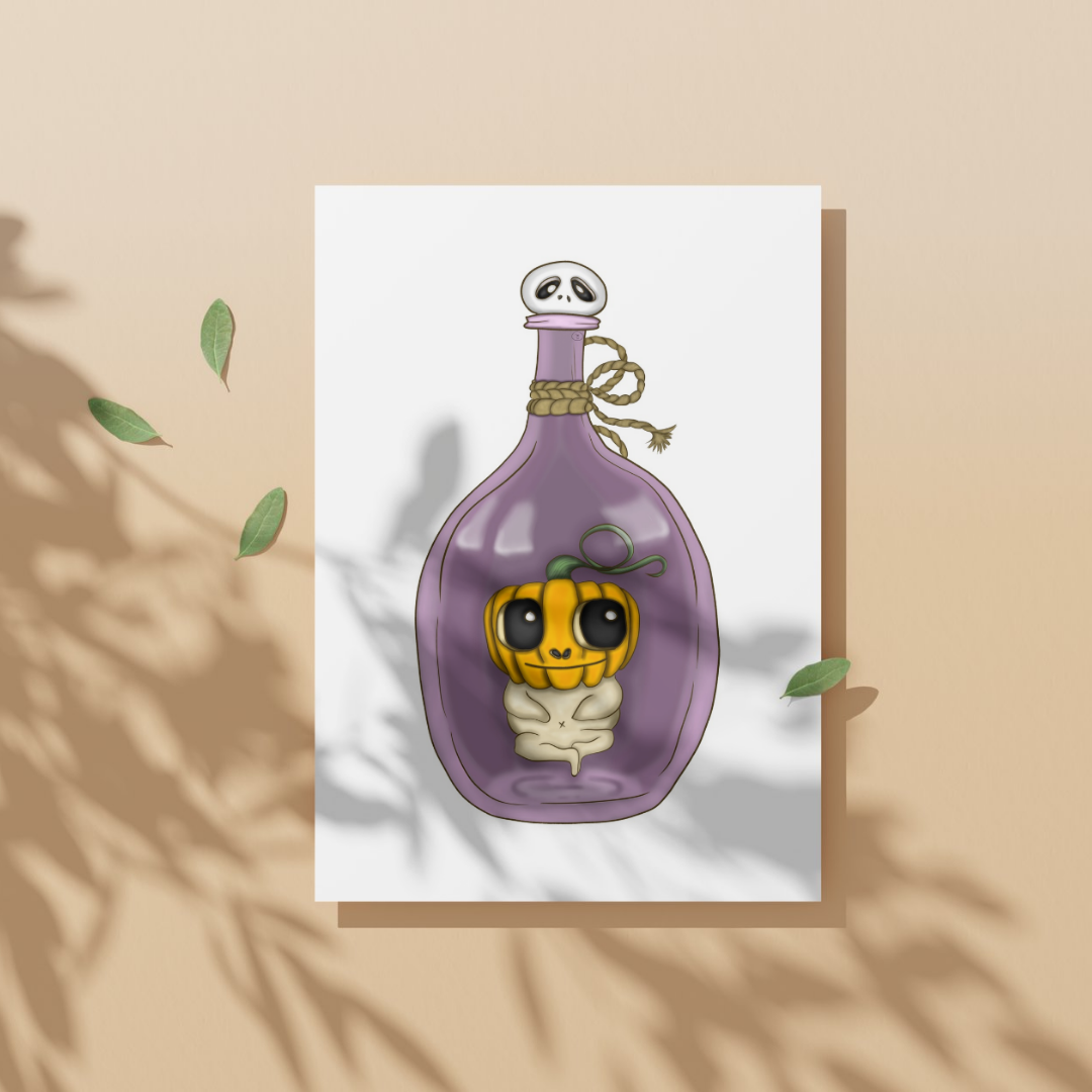 Illustration of a character in a purple bottle on a white background