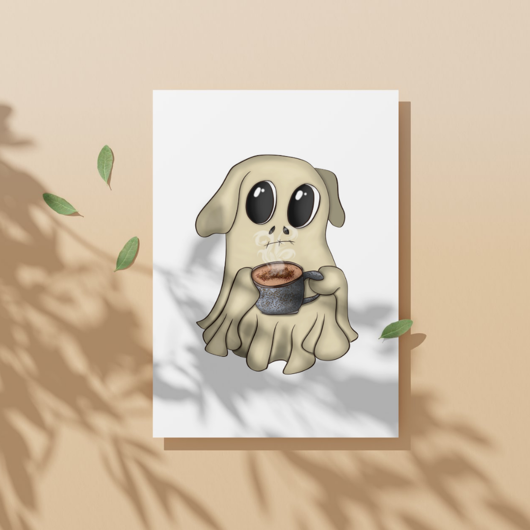 Illustration of a ghost holding a coffee cup on a white background