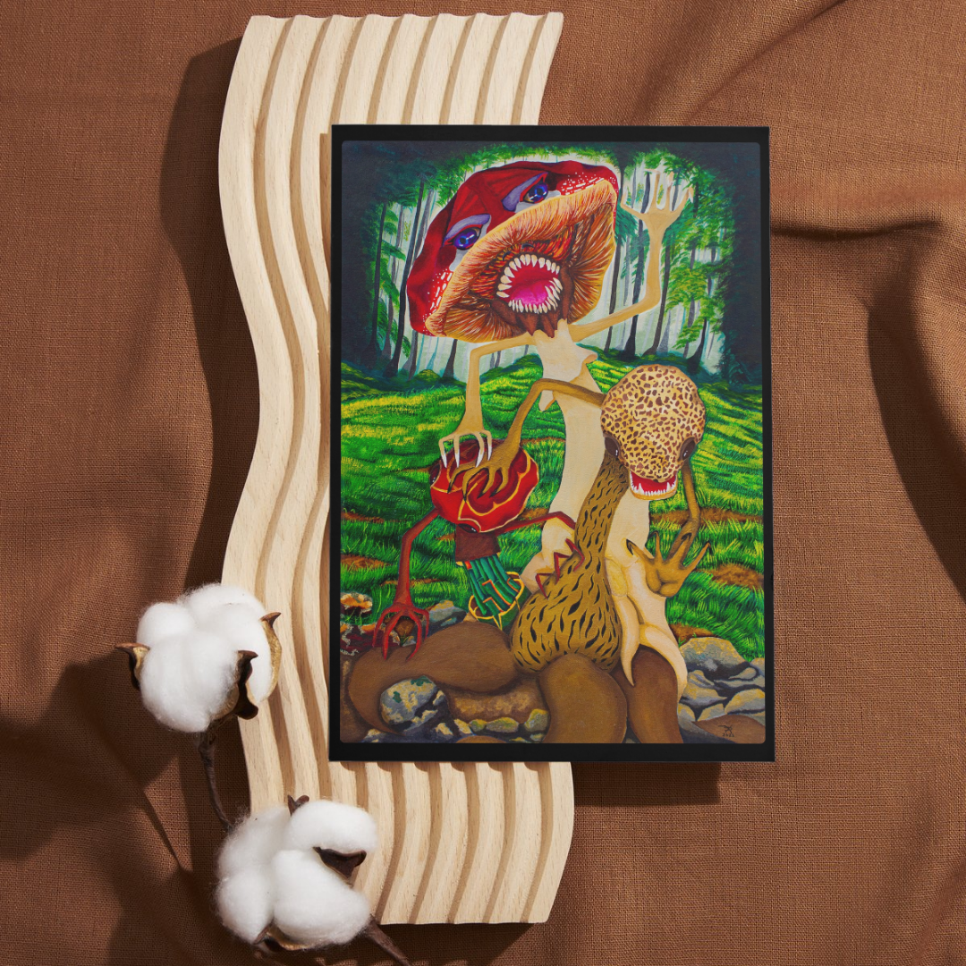 Framed artwork of a colorful mushroom creatures on a brown surface with cotton and wooden sticks.