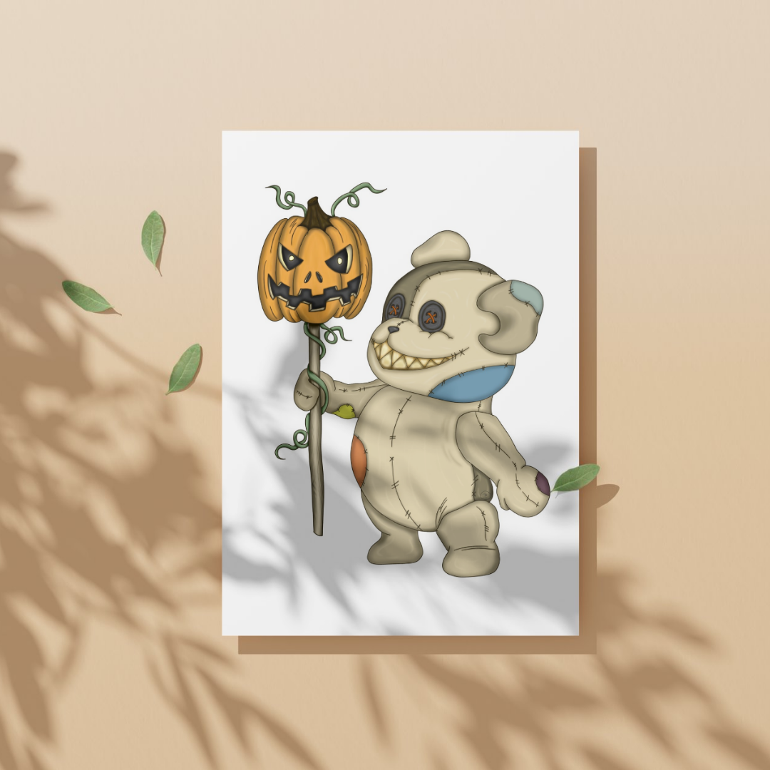 Cartoon character holding a jack-o'-lantern on a beige background