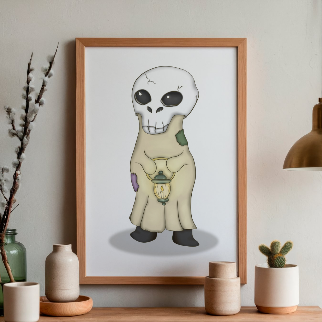 Framed illustration of a cartoon skeleton holding a lantern on a shelf with decorative items.