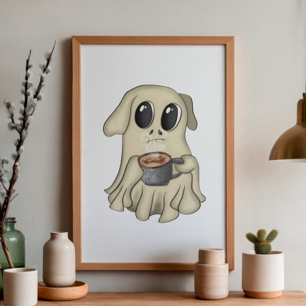 Framed artwork of a ghost dog holding a coffee cup on a wall above a wooden shelf with decorative items.
