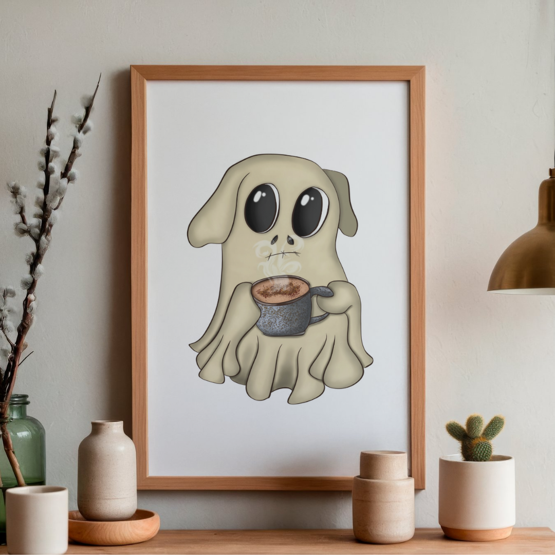 Framed artwork of a ghost dog holding a coffee cup on a wall above a wooden shelf with decorative items.