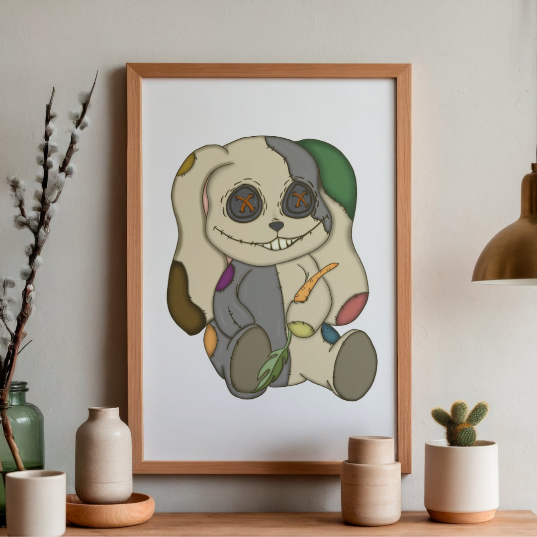 Framed illustration of a cartoonish bunny  on a wall above a wooden shelf with decorative items.