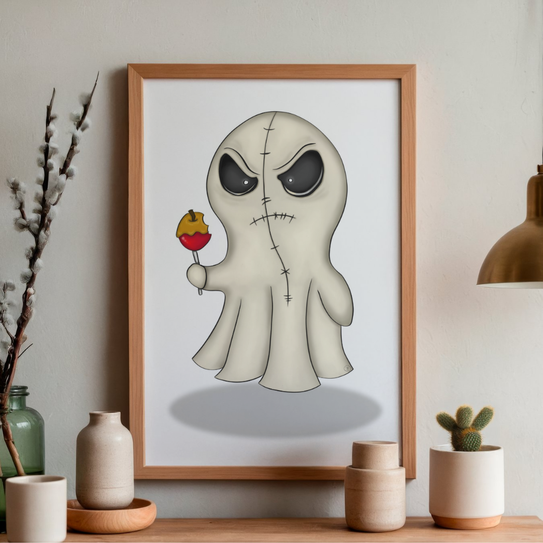 Framed illustration of a ghost holding an apple on a shelf with decorative items.