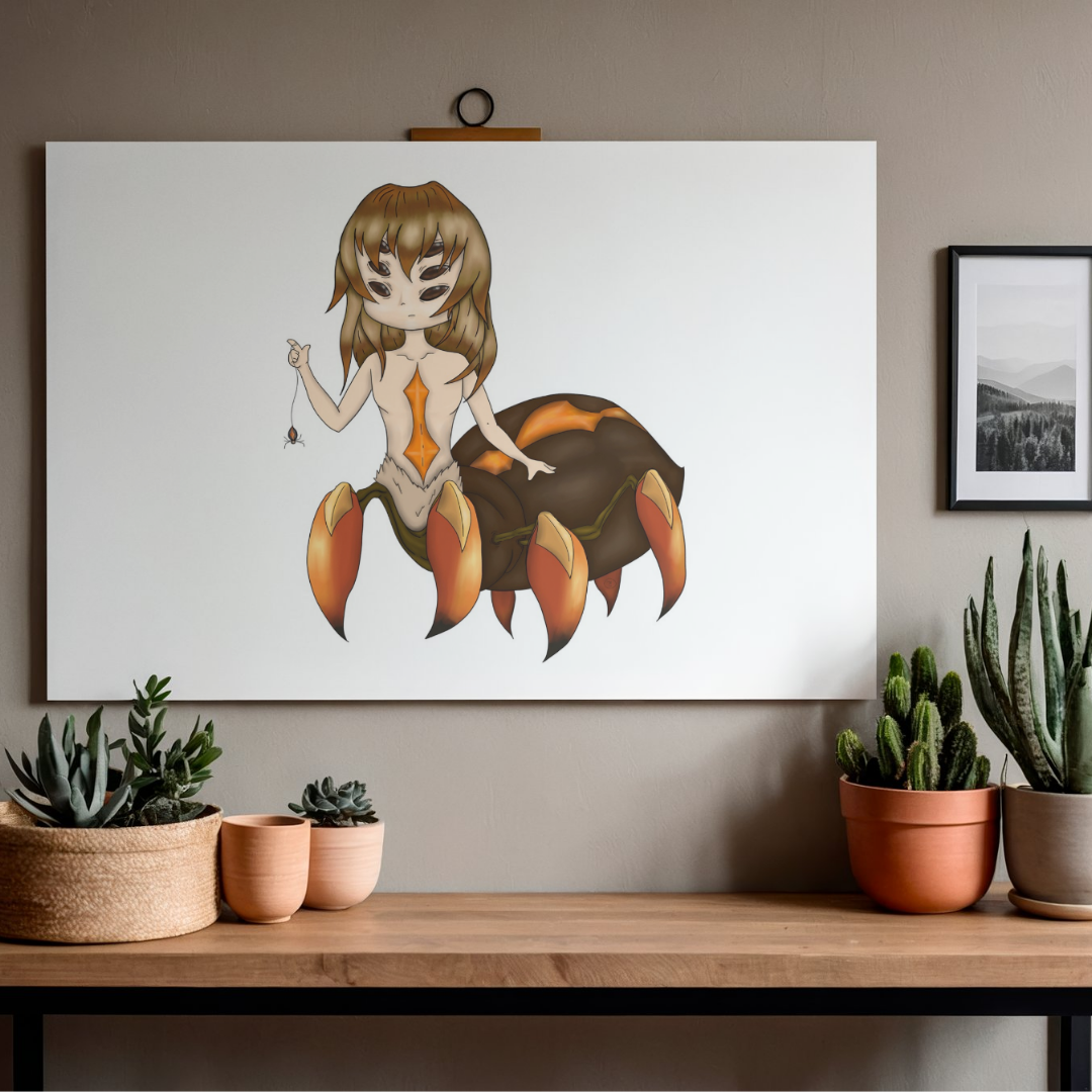 Framed illustration of a spider woman with crab legs on a wall above a wooden shelf with plants.