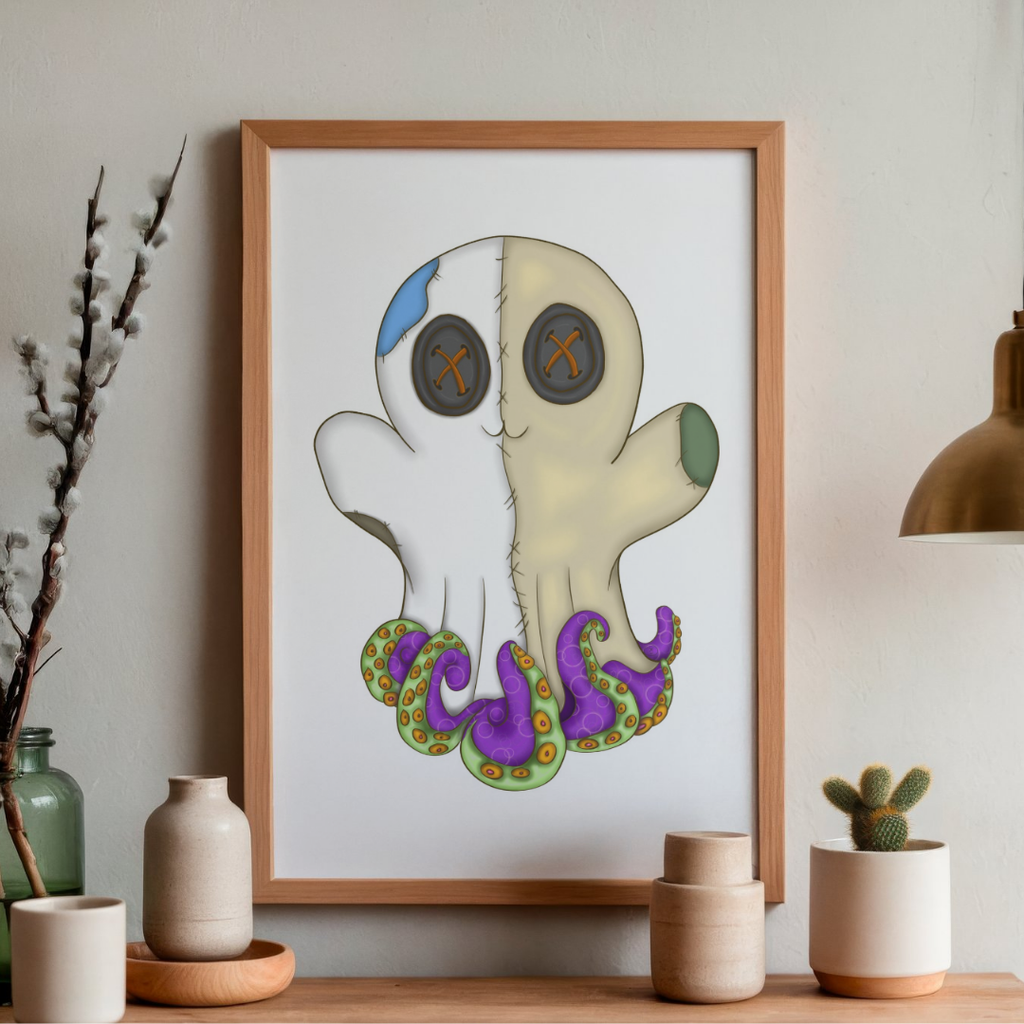 Framed illustration of a cartoonish ghost octopus on a wall above a wooden shelf with decorative items.