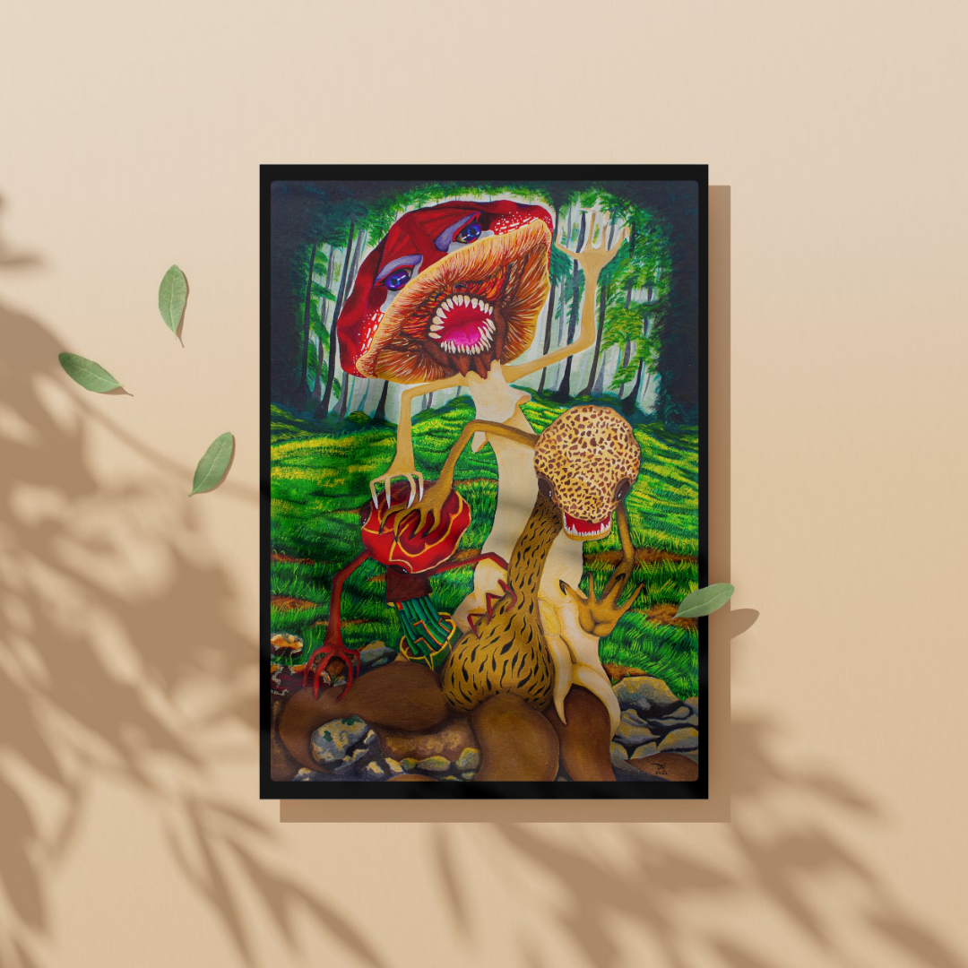 Framed artwork of a mushroom monsters on a beige background