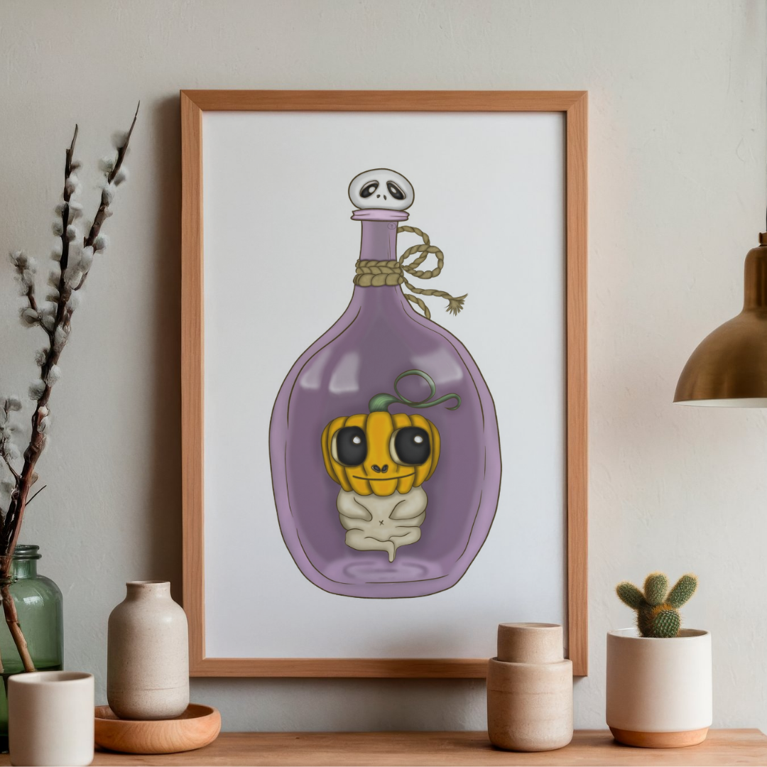 Framed artwork of a purple bottle with a pumpkin character on a shelf with decorative items.